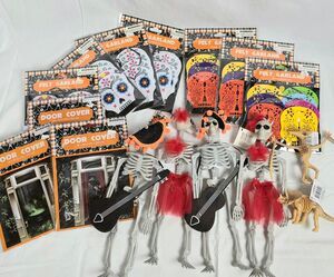 Halloween Décor Lot – Skeleton Figurines, Felt Garland, Door Covers, Day of the